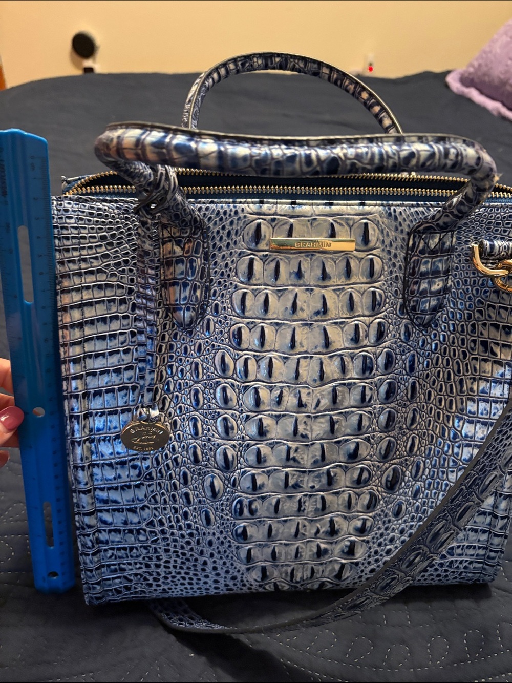 Brahmin Blue and White Croc-Embossed Satchel with Gold Hardware